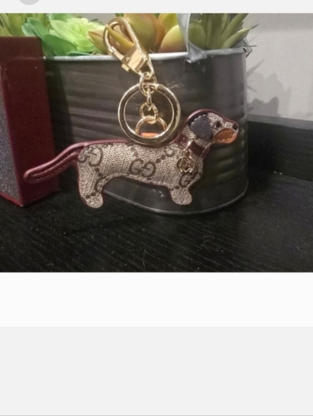 Gucci Brown & Beige Dachshund Keychain Charm with Gold Hardware